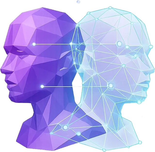Two low-polygon heads facing the same way, one solid violet, the other a translucent wireframe built from linked points