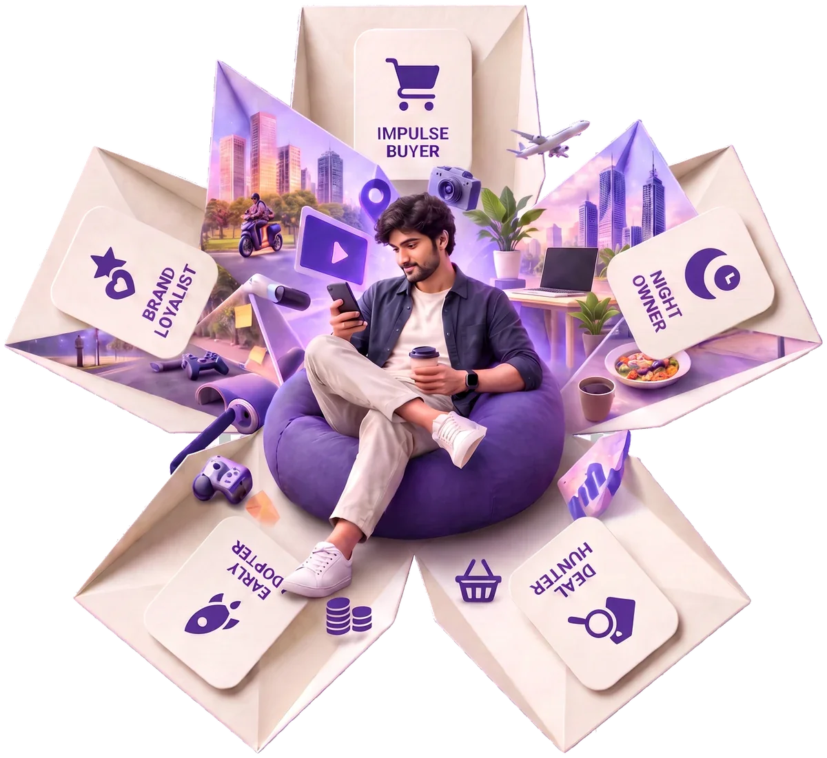 A paper box opened out flat, its flaps printed with scenes of a life and labelled Impulse buyer, Brand loyalist, Night owner, Early adopter and Deal hunter, with a person sitting at the centre of them on their phone